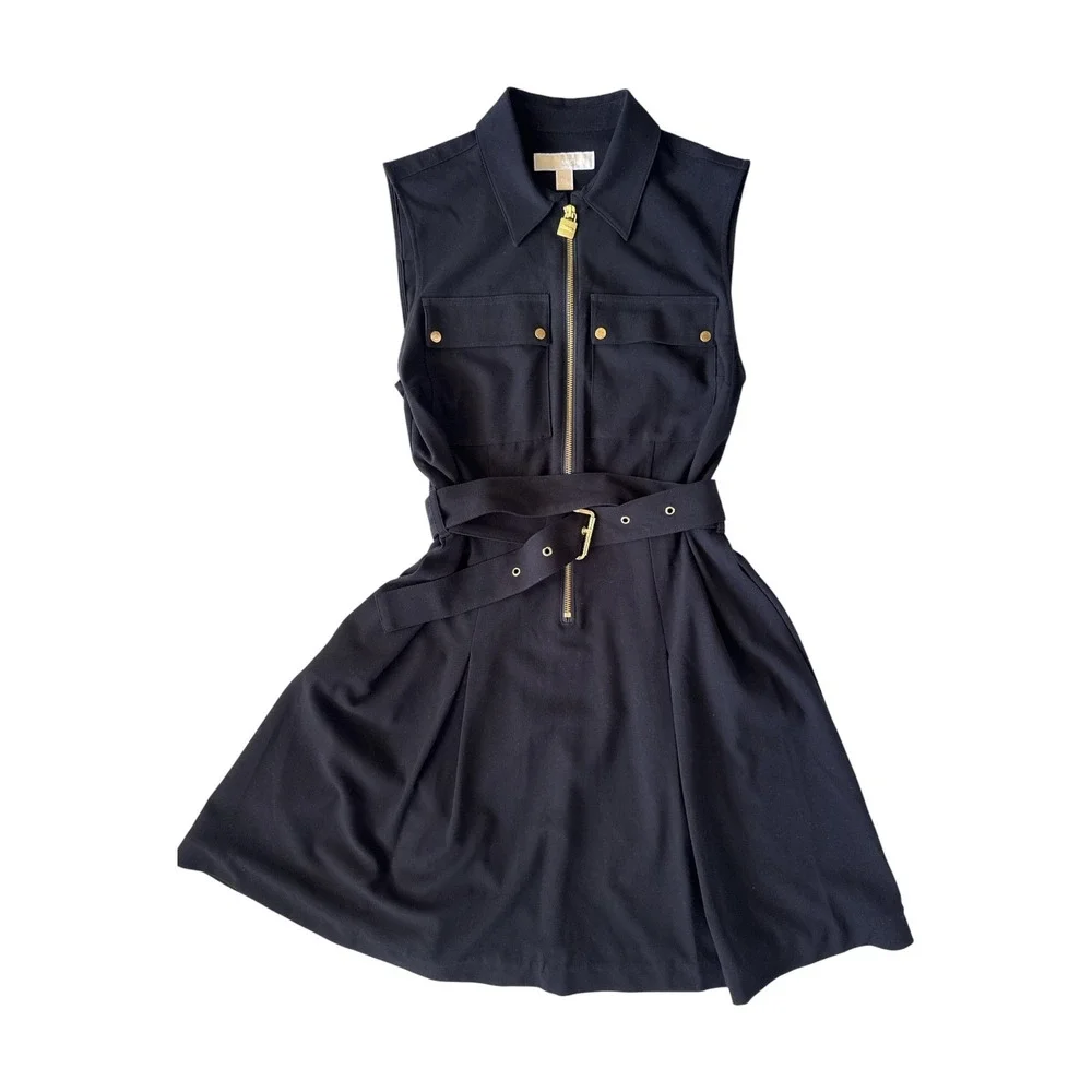 Michael Kors Belted Safari Shirtdress Sz P/L Black Quiet Luxury Workwear